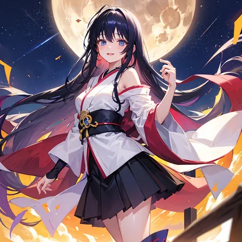 An anime-style beauty, around 20 years old, Japanese, with long black hair, vivid eyes that sparkle, a smiling face, set against a nighttime backdrop with a full moon and a beautiful starry sky.