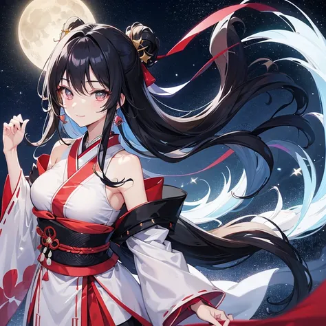 An anime-style beauty, around 20 years old, Japanese, with long black hair, vivid eyes that sparkle, a smiling face, set against a nighttime backdrop with a full moon and a beautiful starry sky.