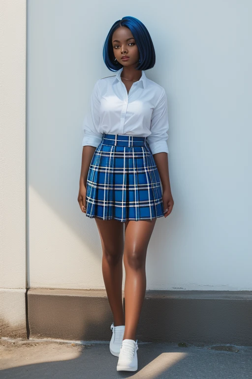 A beautiful melanin girl wearing a tartan blue skirt and white shirt and chunky pair of footwear standing infront of a white wall she has coral straight hair