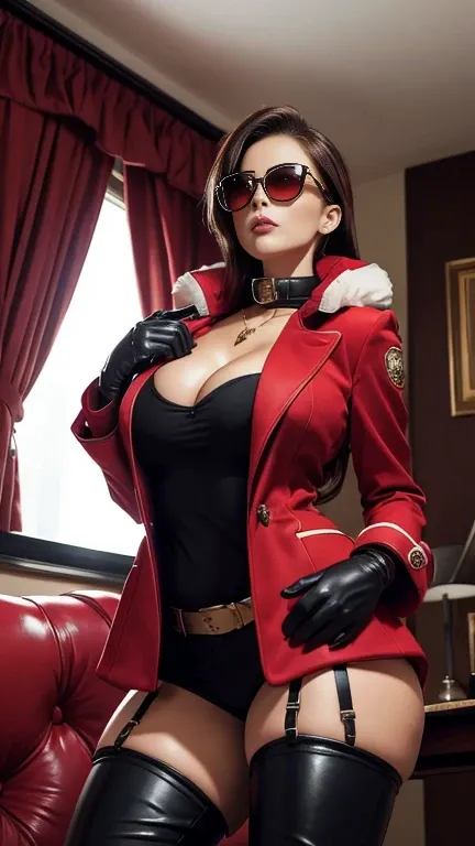 Busty boss sit on sofa in office room, wearing red fur blazer with standing collar (((high collar))) , busty, big breast, sunglasses, long gloves and long boots, very classy and glamour. kissing. Sexy pose. Point of view from below her feet