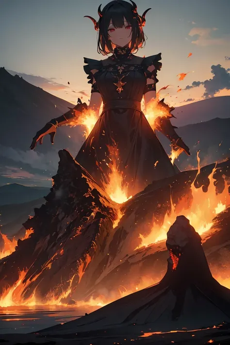 (highres,masterpiece:1.2),detailed face, surreal landscape, erupting volcano, billowing black smoke from volcano, female Demon wearing dress resembling flames standing