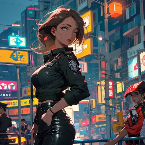 A female cop in a very eye-catching, sexy uniform patrols the streets of Bangkok at night, exuding confidence and friendliness. The uniform fits her perfectly, accentuating her curves. She wears a fitted, black leather jacket with a reflective badge that c...