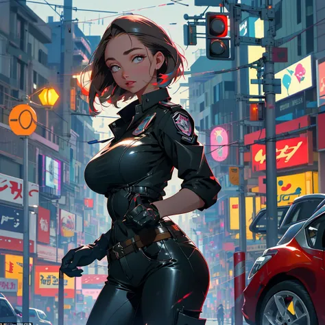 A female cop in a very eye-catching, sexy uniform patrols the streets of Bangkok at night, exuding confidence and friendliness. The uniform fits her perfectly, accentuating her curves. She wears a fitted, black leather jacket with a reflective badge that c...