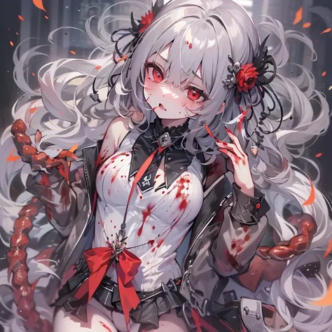 masterpiece, best quality, masterpiece,best quality,official art,extremely detailed CG unity 8k wallpaper, show foot, little girl, solo, kawaii, no_humans, medium hair, black hair, tentacle hair, saliva, blood on face, light blush, red eyes, blood from eye...