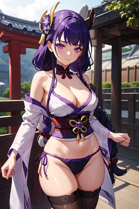 shogun, 1girl, solo, long hair, looking at viewer, hair ornament, thighhighs, bikini, ribbon, holding, cleavage, closed mouth, purple eyes, purple hair, braid, mole, blurry, sash, mole under eye, purple flower, vision (genshin impact), obijime, tomoe (symb...