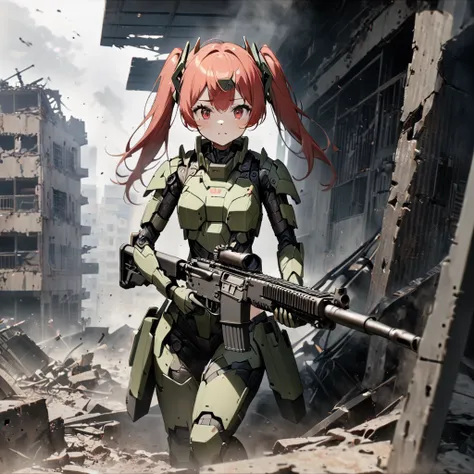 High quality, high definition, hig
h precision images,8k 1 Girl Robot Girl、red hair,Twin tails,Red eyes,Robo girl style armor on head.foggy,camouflage robot stylebody armor,city ​​of ruins,Hiding in the wreckage and firing a machine gun,Camouflage color fo...