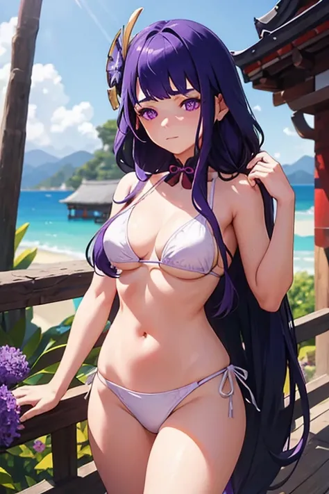 shogun, 1girl, solo, long hair, looking at viewer, hair ornament, ((white bikini)), cleavage, closed mouth, purple pupils, purple hair, braid, mole, blurry, sash, mole under eye, purple flower, (sfw) 