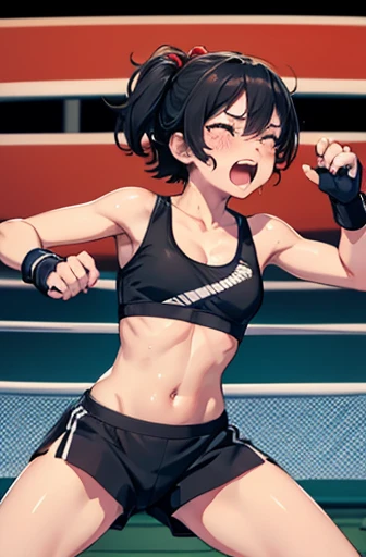 Cute Japanese high school girl with short-cut black hair being punched by an opponent in front of her during a match in a womens mixed martial arts ring, wide mouth open, gasping for breath, sore, twisting, eyes tightly closed, screaming, very sweaty, out ...