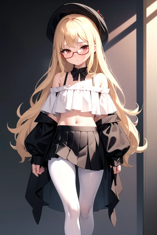 masterpiece, best quality, 1 Girl, Black glasses，big eyes，masterpiece,1 Girl，Girl，Slender figure，short and small，Red eyes， Blonde long hair, Wear a white blouse，Show your belly button，Wearing a black pleated skirt，Off-shoulder， Shy, blush，White pantyhose，E...