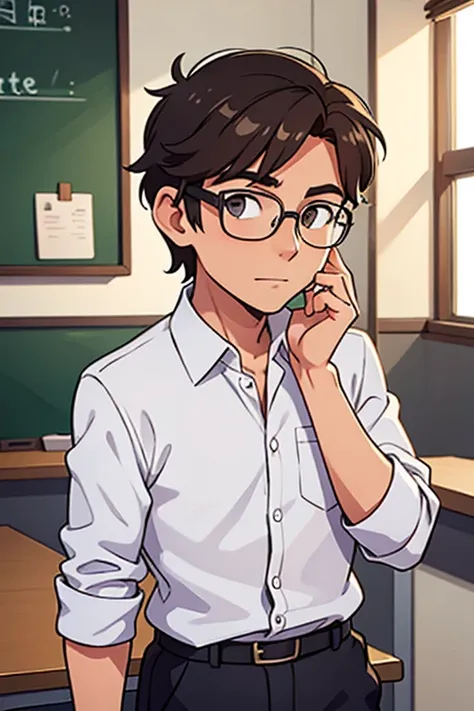 A kind-looking male teacher wearing glasses