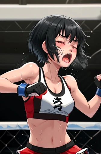 Cute Japanese high school girl with short-cut black hair being punched by an opponent in front of her during a match in a womens mixed martial arts ring, wide mouth open, gasping for breath, sore, twisting, eyes tightly closed, screaming, very sweaty, out ...