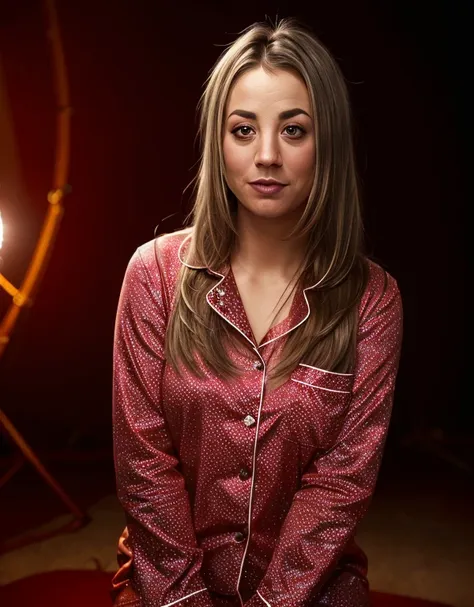 portrait of kaley cuoco, :d , in pajamas , with brown blunt haircut , background colosseum epic (photo, studio lighting, hard li...