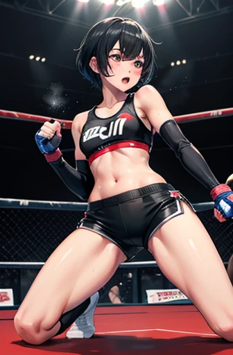 Cute Japanese high school girl with short cut black hair, on all fours, wide mouth, out of breath, drooling, very sweaty, out of stamina, slender body, poor breasts, small breasted sports bra, high leg shorts, open finger gloves during a match in a female ...