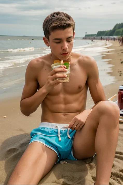 16 year old teenage boy eating a sandwich on the beach, Badehose , Italiener, thin , Bauchmuskeln 