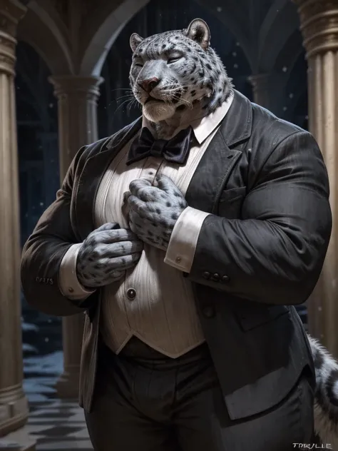 snow leopard，uncle，male，Mature man，huge，Fat and strong，Serious expression，With eyes closed，Place your hands at your sides，Butler costume，Black suit（Full suit），night，Palace hall（Detailed background:1.2),High Detail, Film Photography, original video, actual,...