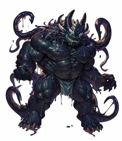 there is a midnight green monster with horns, his trunk is a long tentacle, his trunk is a huge tentacle, (midnight green skin, ...