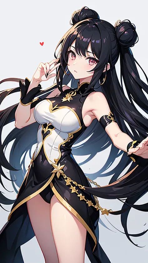 Anime sexy princess girl with black long hair, two buns, pearl white eyes, wearing black with prominent pearl white line dress 