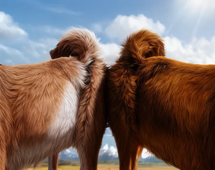 ((((photorealistic feral dog )))), ((((feral, duo)))),  ((((from behind, side view, saliva)))), ((((ass, ass-to-ass, looking away from each other,  back to back, all fours, butt focus)))), outside, sunny, blue skys, best quality, shaded, extreme detail, hi...