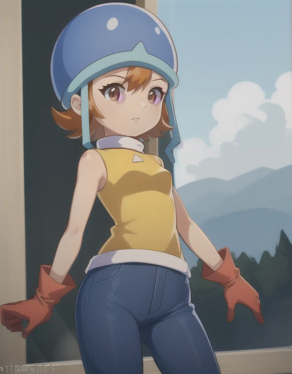 cowboy shot, solo, soradef, short hair, brown eyes, orange hair, helmet, gloves, pants, sleeveless, yellow shirt, jeans, denim, ...