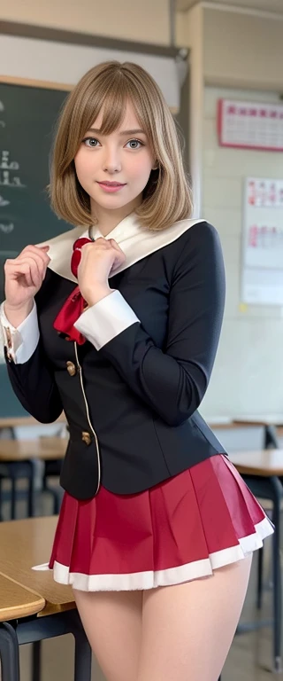 arafed Ella Freya woman, waifu, bending on teacher desk, miniskirt, christmas decorations in the classroom, sexy uniform, in a  posing in front of a blackboard with christmas decorations, a hyperrealistic schoolgirl, hyperrealistic , waifu, cyber school gi...