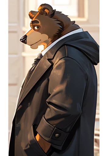 Furry Brown bear Male  ,Coat , (((Orange pupils))), Black shirt, FAT ,Beastars style