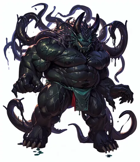 there is a midnight green monster with horns, his trunk is a long tentacle, his trunk is a huge tentacle, (midnight green skin, ...