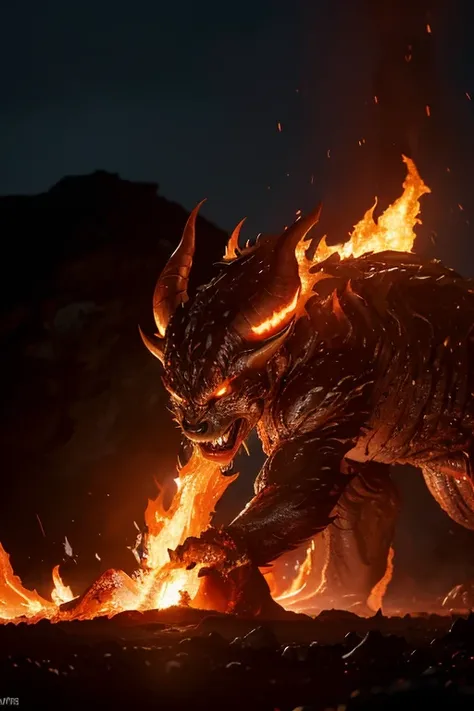 Lava Demon,fiery,burning,ominous,powerful presence,glowing red eyes,smoking hot,lava-like skin,cracks filled with molten lava,demonic horns,sharp fangs,dangerous claws,intense heat,spewing lava,eruption,falling debris,smoldering landscape,dark silhouette a...