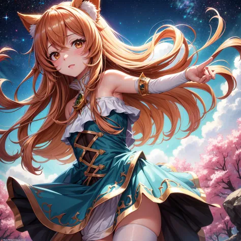 raphtalia, personaje femenino del anime tate no yuusha no nariagari. caminando sensual vista de perfil. Plano en tercera persona, mirada brillante, blushing expression, cola de mapache suave y esponjosa. suave brisa alborotando el pelo. Pelo brillante y se...