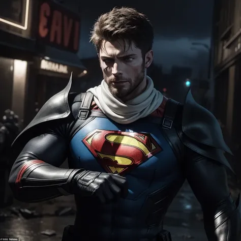 Dark_Fantasy, Superhero, Dean Winchester, Bearded, Dressed as Superman, Masterpiece, hyperrealist & photorealist, Male, Holding weapon, Extremely detailed futuristic black combat suit, Body (Wearing white paint skull mask, Scarf), Unity 8k, Created in ZBru...