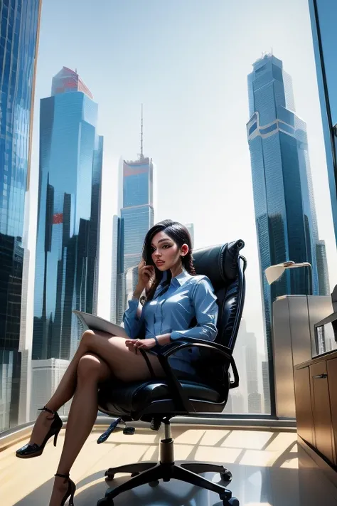 office in a skyscraper in a big city, female cyborg, beautiful detailed eyes, beautiful detailed lips, beautiful detailed face, extremely detailed eyes, extremely detailed face, long eyelashes, sits with her feet up in a luxurious chair