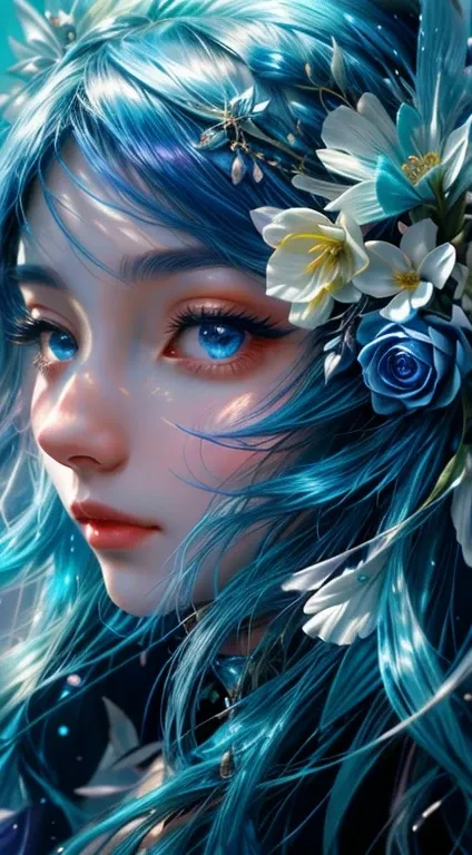 A girl with blue hair and flowers in her hair uma mulher com uma flor no cabelo e uma tia, arte digital de fantasia detalhada, estilo de arte de fantasia, lindo arte digital, retrato bonito da fantasia, Grande arte digital com detalhes, retrato bonito da a...