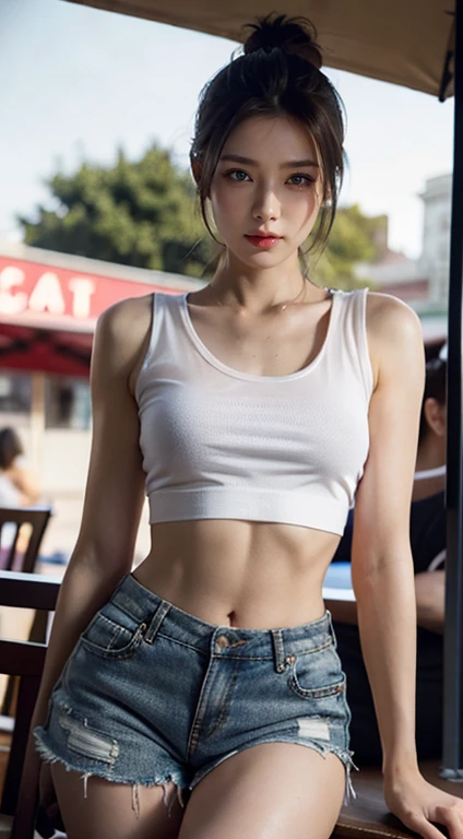 8k, Masterpiece, best quality, realistic, very detailed, 1 woman, healthy body, realistic skin texture, big breasts, staring at the audience, Crop shirt, Short t-shirt, tank top, underboobs, (Torn shirt), under , micro mini skirt, Sexy Pants, His shorts we...