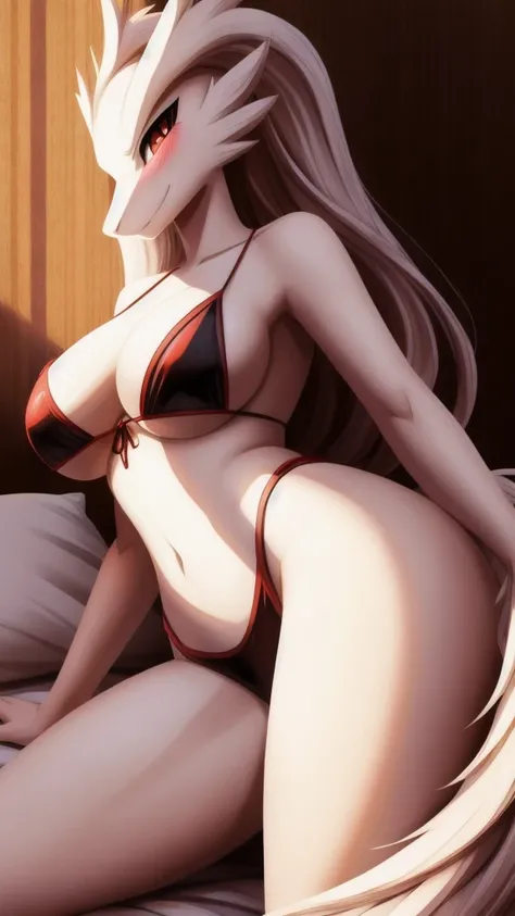 Reshiram,furry,Chest 87,Waist 57,Thigh 86,Good resolution,on the bed,Maid bikini set,Good light and shadow details,shade,sexy body,blushing