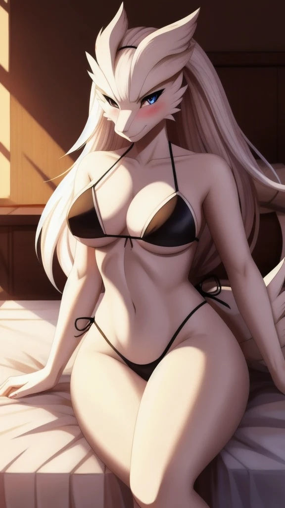 Reshiram,furry,Chest 87,Waist 57,Thigh 86,Good resolution,on the bed,Maid bikini set,Good light and shadow details,shade,sexy body,blushing