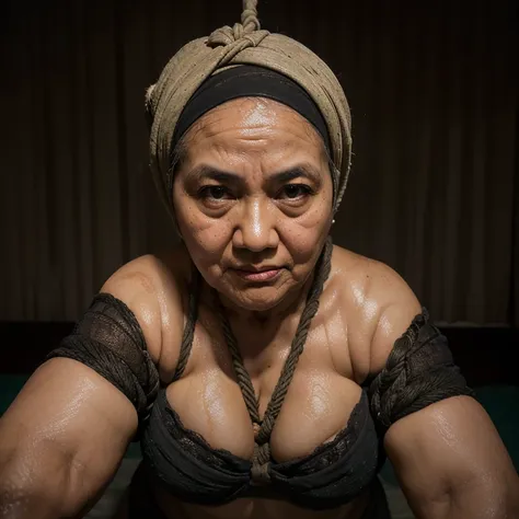 69 years old hijab (((BBW))) malay grandmother, sad face, strapless cream bra, wet sweating, old mature wrinkels skin, (fatty wide arm), stretchmark visible, at night in dark room, low light, (((roped hands on her head)))