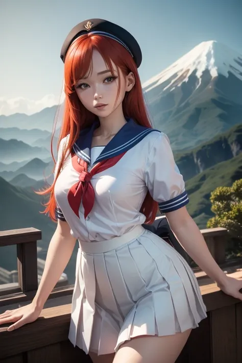 Une femme, 25 ans, cheveux longs, red hairs, rousse, beaucoup de Détails, dans un volcan, japanese  outfit (sailor, chemise blanche, pleated skirt), collant, lunette, nattes, in a library