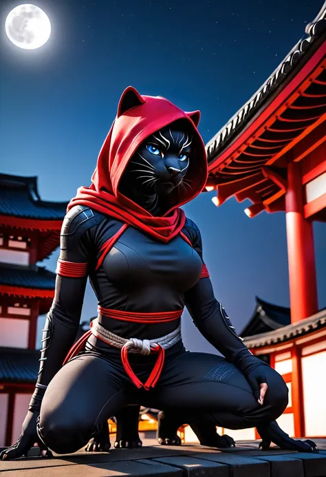 anthropomorphic black panther dressed as a ninja, ((no face mask)) , (visible face)) small breasts, blue eyes, matte black hoode...