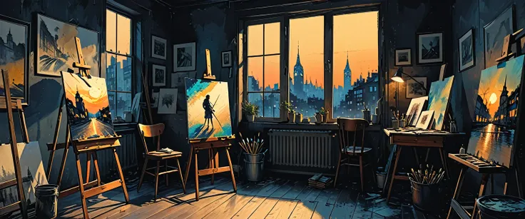 paintings hang on the walls, night,
easel, paintings, abstraction, minimalism, artists studio, artists workshop, brushes, paints, chair near the easel, window to the street, graphic style of novel comics, perfect hands, 2d,
8k, hyperrealism, masterpiece, h...