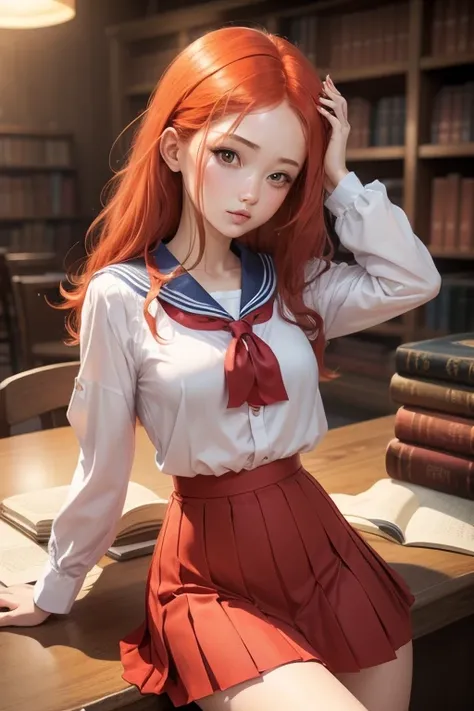 Une femme, 25 ans, cheveux longs, red hairs, rousse, beaucoup de Détails, dans un volcan, japanese  outfit (sailor, chemise blanche, pleated skirt), collant, lunette, nattes, in a library