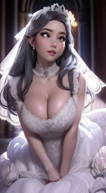 1 girl, Face, Face shot, Mouth focus,(( Large Breasts,Cleavage, cleveage、Perfect body)  frontal Face, , masterpiece, best quality, fair, Luminous lamp, outstanding, (Wedding dress, Wedding dress),, church