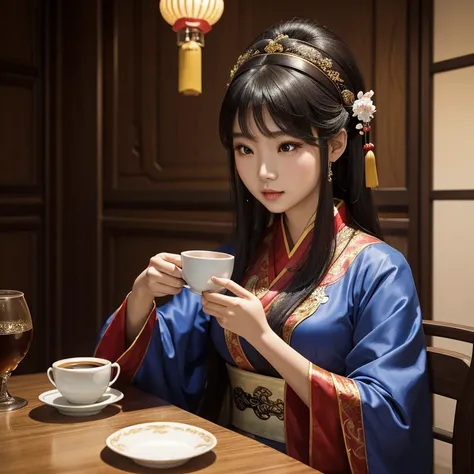 Close-up of a woman sitting at the table drinking a cup of coffee, palace ， Girl wearing Hanfu, A young woman plays, beautiful oriental woman, Chinese woman, Chinese Girl, Chinese Princess, an Asian woman, a young Asian woman, ancient Chinese Princess, Asi...