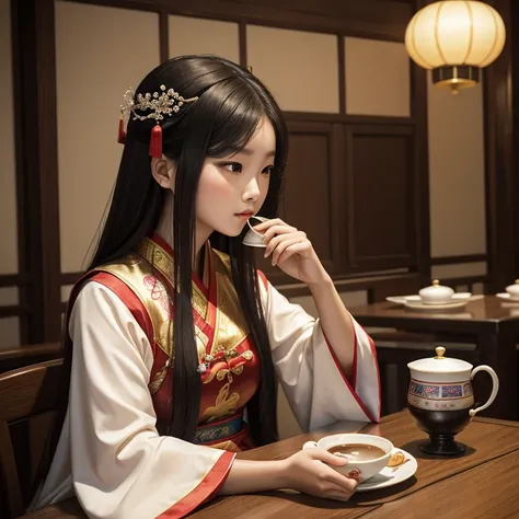 Close-up of a woman sitting at the table drinking a cup of coffee, palace ， Girl wearing Hanfu, A young woman plays, beautiful oriental woman, Chinese woman, Chinese Girl, Chinese Princess, an Asian woman, a young Asian woman, ancient Chinese Princess, Asi...