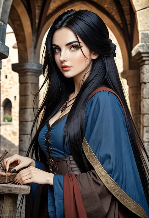 Italian girl, 25 years old, very long black hair, medieval fantasy sorceress, medieval fantasy world