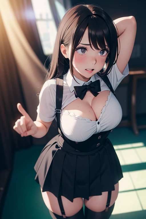 Black skirt, 　Suspenders, Brown hair grey eyes, Garters on legs, Tight clothing, 　　 in　Armpit sweating　　Expressionless　（（Awkward, blush, charming, Close your eyes, ，with tears in eyes,open mouth， Saliva residue,The hem of the skirt is wet, Brushed,）Huge Br...