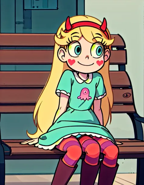 starbutterfly, 1girl, blonde hair, horned headwear, hairband, long hair, solo, heart, blue eyes, facial mark, very long hair,teal dress,striped pantyhose,boots,   , blush stickers,looking at viewer, smile, sitting on a bench , upskirt close view, upskirt c...