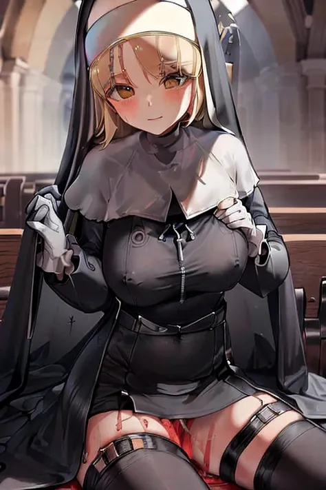 (best quality, masterpiece), Large Breasts,( A nun:1.5), Blonde hair,( Hair between the eyes:1.3), (Kneading breasts with your own hands:1.2),  sitting，(Black Nun dress:1.4)，Black mask，In the church，(pose for masking love:1.3),(Clothes with transparent nip...