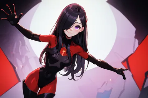 (whole body),masterpiece, highest quality, One Girl, Purple By, Long Hair, Black Hair,  Hair on one eye,  (Red Hero Suit)，Red bodysuit，Black elbow gloves，Black thigh-high boots，Thick thighs，Place one hand on hip，upright，View your audience, smile, Simple Ba...