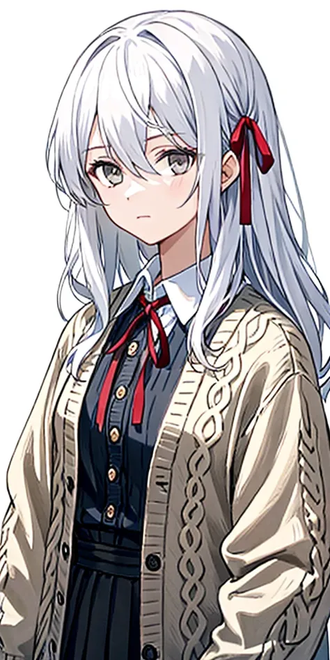 ((casual-style)), 1girl, solo, white hair, shirt, red ribbon, ribbon, looking at viewer, long hair, upper body, white eyes, white shirt, grey eyes, hair between eyes, neck ribbon, collared shirt, cardigan, closed mouth, expressionless, jacket, simple backg...