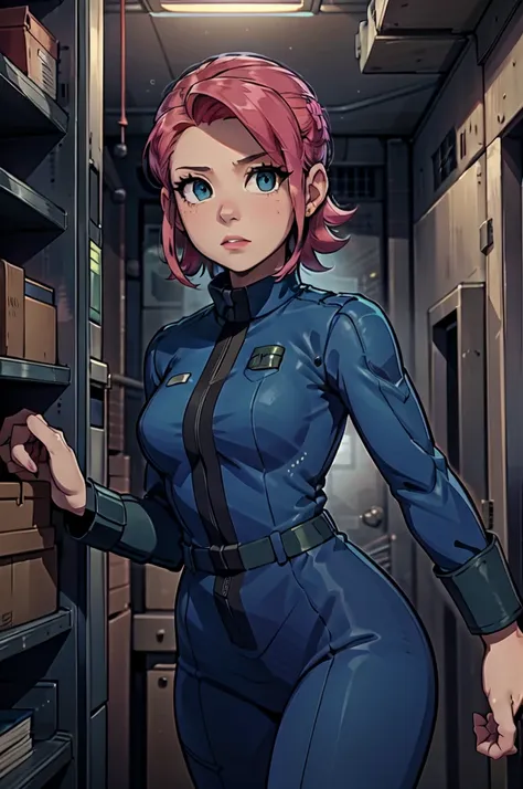 mayl sakurai reimagined as a vault dweller, doing maintenance in an underground vault. her vibrant pink hair stands out against ...