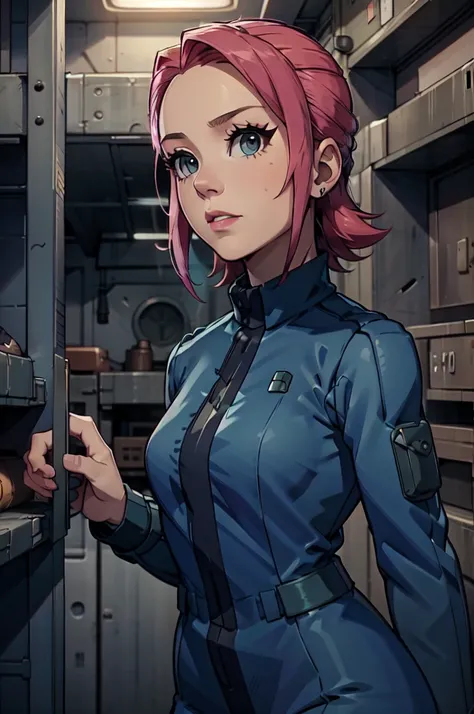 mayl sakurai reimagined as a vault dweller, doing maintenance in an underground vault. her vibrant pink hair stands out against ...